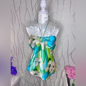 🌷 Y2K 🌷 Vibrant Blue Green Satin Halter Top